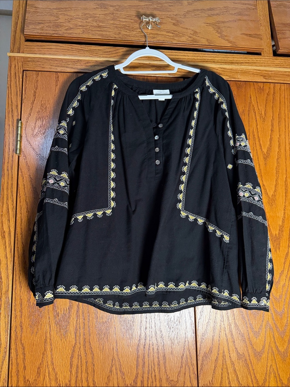 Women's Black Embroidered Peasant Blouse - Lightweight Long Sleeve